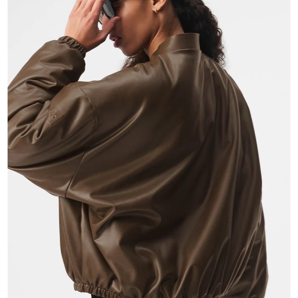 ALO Yoga Faux Leather Premier Bomber Jacket in Dark Olive Brown - Picture 2 of 7